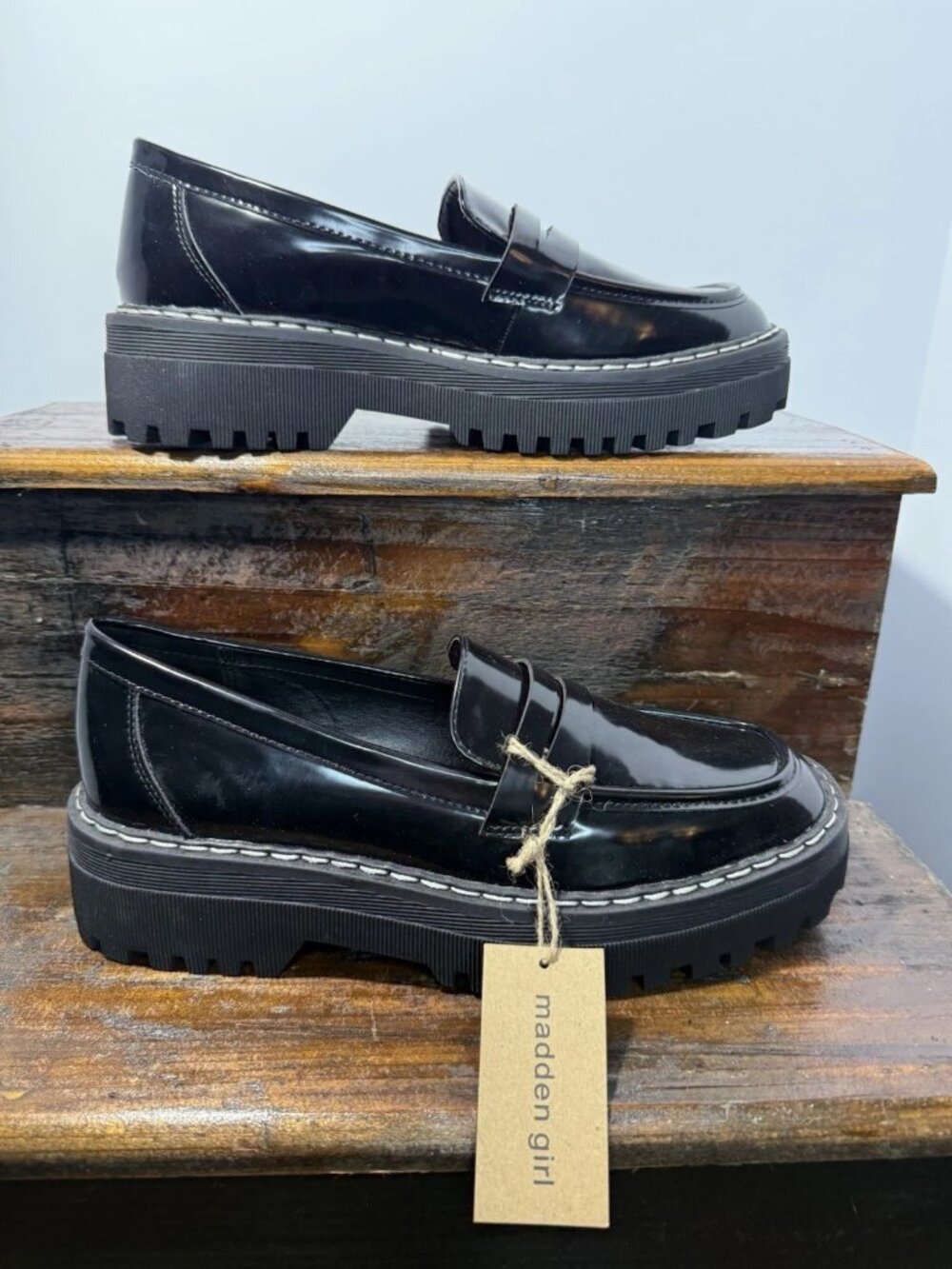 Madden Girl Black Patent Leather Loafers Chunky Size 10m